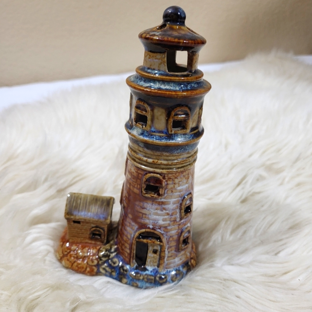 Glazed Ceramic Lighthouse Tea Light Candle Holder